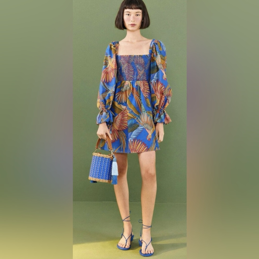 Farm Rio Macaw Flight Dress Smocked Mini Anthropologie Puff Sleeves L Large